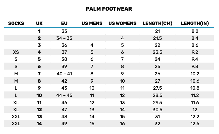 2025 Palm Footwear 0 Size Chart